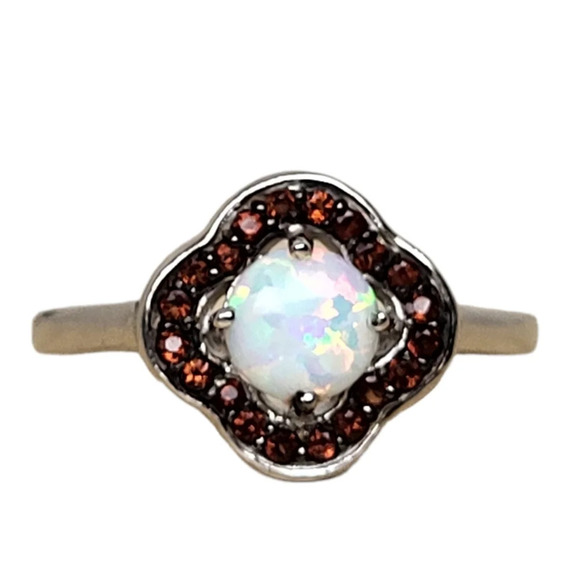 Sterling Silver Garnet Created White Opal Flower Ring - Picture 1 of 16